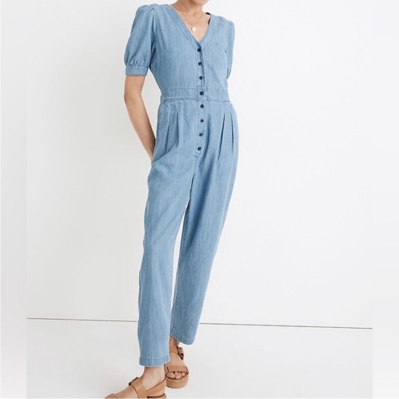 Madewell Denim Puff-Sleeve Button-Front Jumpsuit - Size 12 - Picture 1 of 8